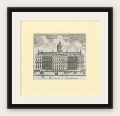 Antique Print of the City Hall of Amsterdam, Capital of The Netherlands, 1739, shown framed