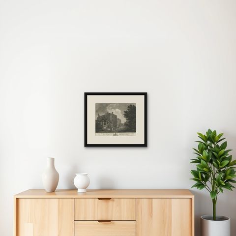Engraving of Greystoke Castle, Penrith in the County of Cumbria, England, 1778, shown framed on a wall, true to size