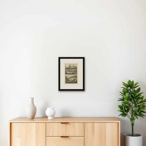 Old and Rare Original Engravings of Ruins in India, 1711, shown framed on a wall, true to size