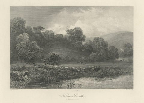 Antique Print of Norham Castle in Northumberland, England, near the River Tweed, close-up 1
