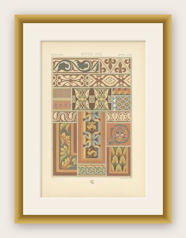 Pl. 49 Antique Print of Middle Ages Mural Motifs Buildings by Racinet circa 1890, shown framed