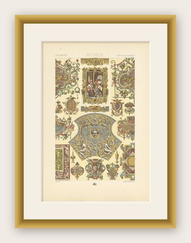 Antique Print of 16th Century Frames and Ornaments by Racinet circa 1890, shown framed