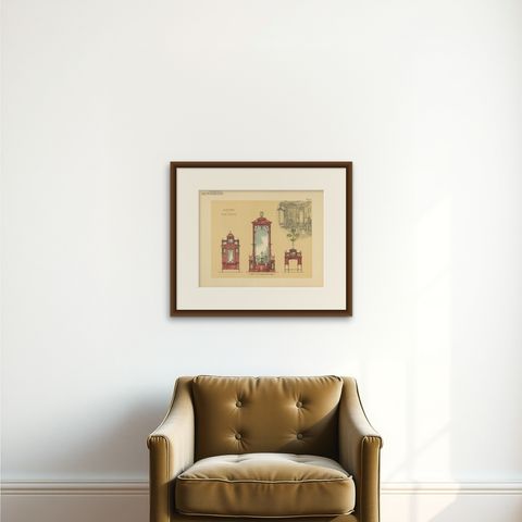 Pl. 16 Antique Print of Salon Furniture by Kramer 'circa 1910', shown framed on a wall, true to size