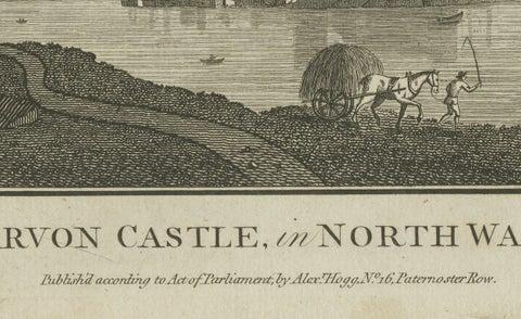 Caernarvon Castle in North Wales, Antique English Engraving by A.Hogg, ca.1785, close-up 1