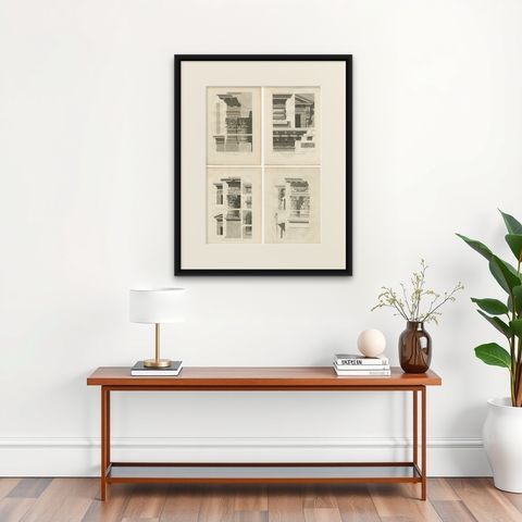Antique French Louvre Architectural Engravings, Set of 4, Baltard 1803, shown framed on a wall, true to size