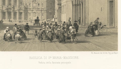 Basilica of Santa Maria Maggiore Façade, Rome, Benoist 1869 Lithograph, close-up 4