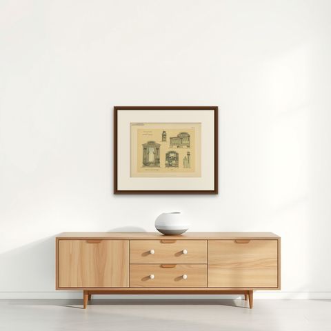 Pl. 29 Antique Print of Bedroom Furniture by Kramer, circa 1910, shown framed on a wall, true to size