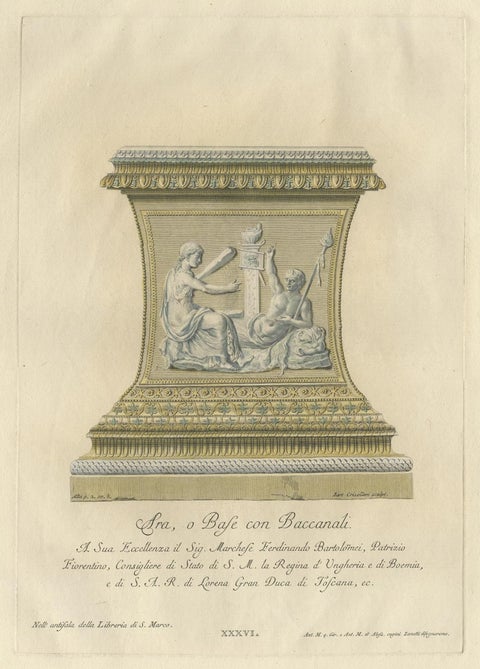 Rare Antique Engraving of a Large Ornamental Bacchic Altar or Pedestal, 1740, close-up 1