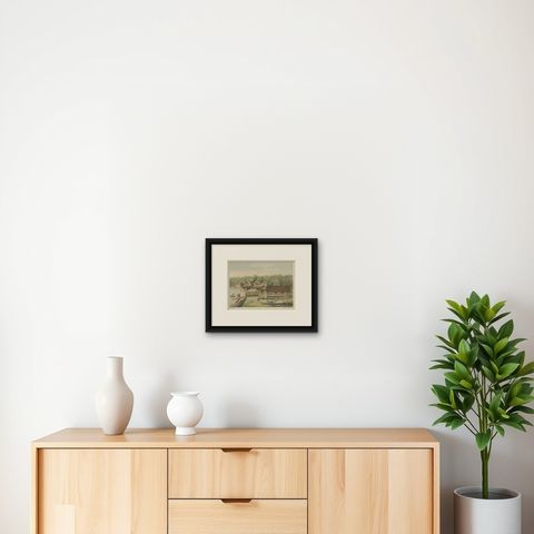 Old Print of Houses of Longwai, West Kutai Regency, East Kalimantan, Indonesia, shown framed on a wall, true to size