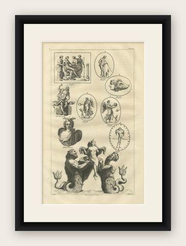Classical Mythological Figures Engraving, Montfaucon Antiquité Expliquée 1721, shown framed