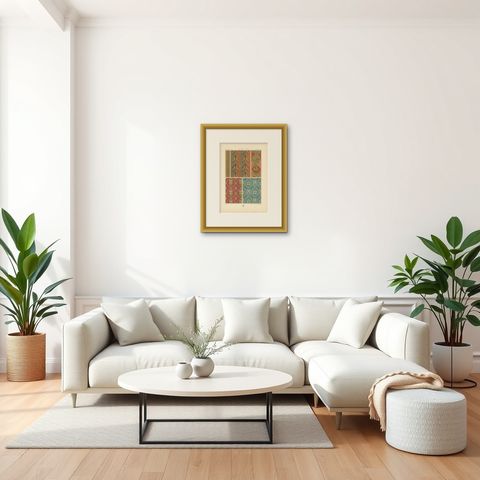 Pl. 53 Antique Print of Middle Ages Design from Textiles by Racinet, circa 1890, shown framed in a room, true to size