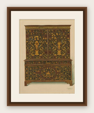 Antique Print of English Furniture 'Cabinet Press' by P. Macquoid, 1906, shown framed