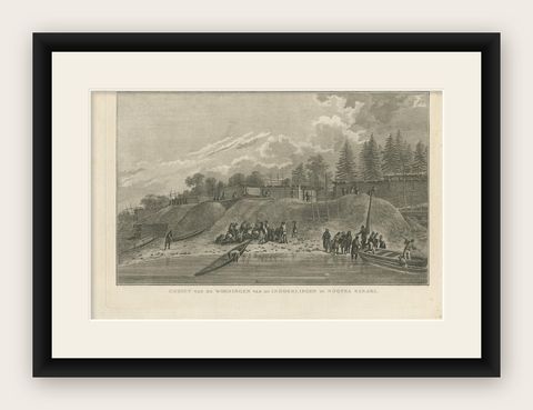 Antique Print of Houses in Nootka Channel by Cook, 1803, shown framed