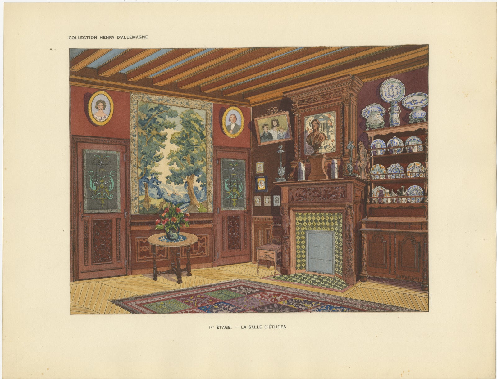 French Art Nouveau Interior Study with Delft Faience Collection, c.1900