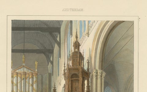 Antique View of Nieuwe Kerk Interior, Amsterdam, Hand-Colored Lithograph, c.1850, close-up 1
