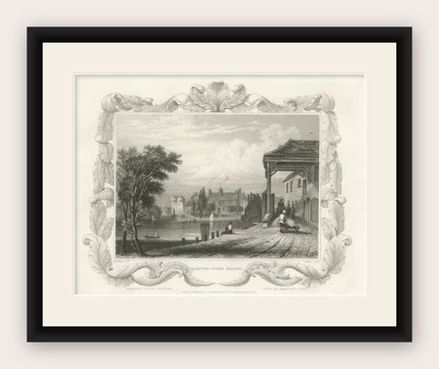 Reflective Waters and Bygone Days: The Hampton Court Bridge Engraving, 1835, shown framed