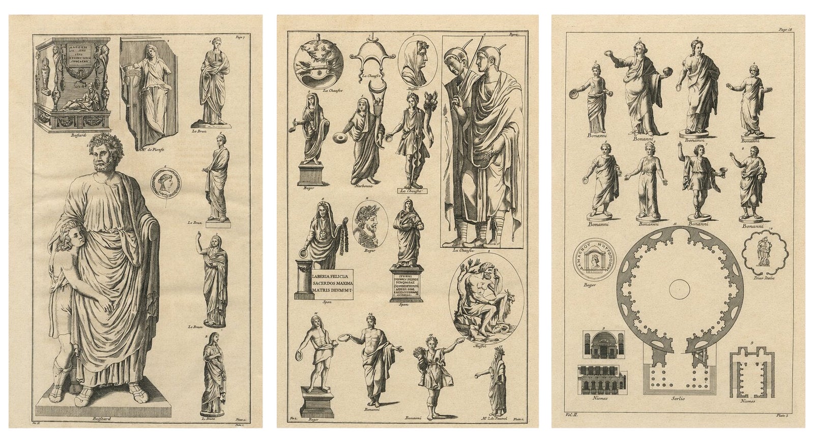 Antique Roman Sculpture Engravings, Set of 3, Montfaucon, 1721