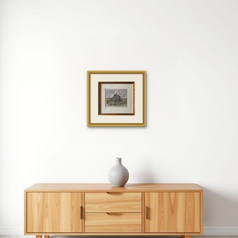Framed Antique Print of the Temple Orientale Oosterkerk in Amsterdam, 1710, shown framed on a wall, true to size