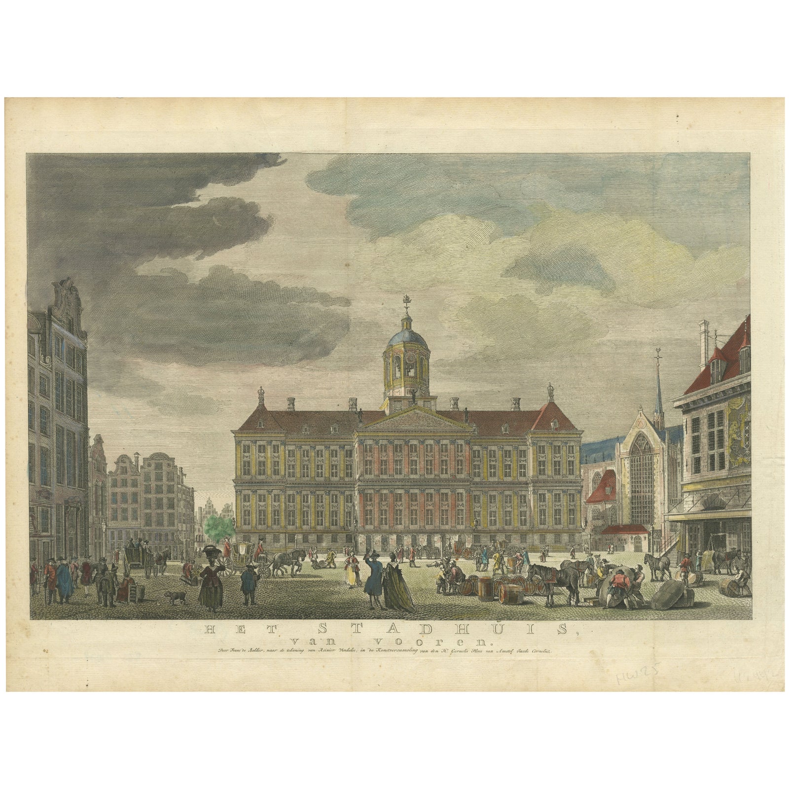 Hand-Colored 1765 Engraving of Amsterdam Royal Palace and Dam Square, 1765
