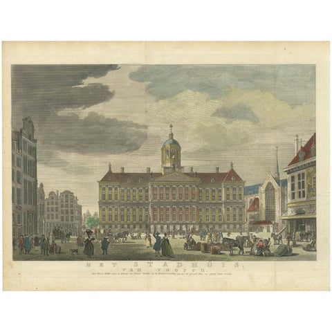 Hand-Colored 1765 Engraving of Amsterdam Royal Palace and Dam Square, 1765