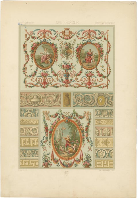 Louis XVI Decorative Panel Chromolithograph by Albert Racinet, Paris, c. 1873