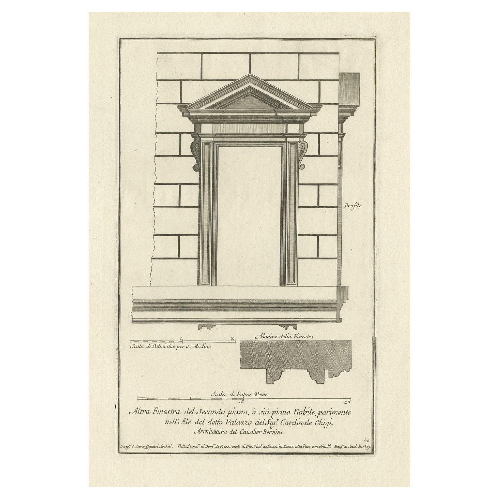 Old Architectural Engraving of a Window of Palazzo Chigi, Rome, ca.1710