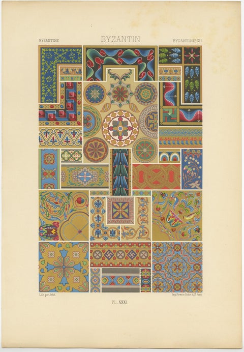 Pl. 31 Antique Print of Byzantine Ornaments by Racinet, circa 1890, view 3