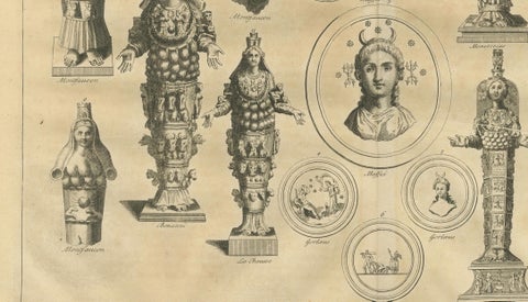Antique Roman Ephesian Artemis Statues, Montfaucon Classical Engraving 1721, close-up 6