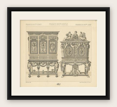 Pl. 93 Antique Print of French 17th Century Furniture by Racinet, circa 1880, shown framed