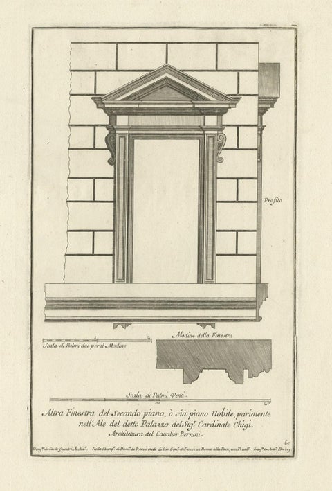 Old Architectural Engraving of a Window of Palazzo Chigi, Rome, ca.1710, close-up 1