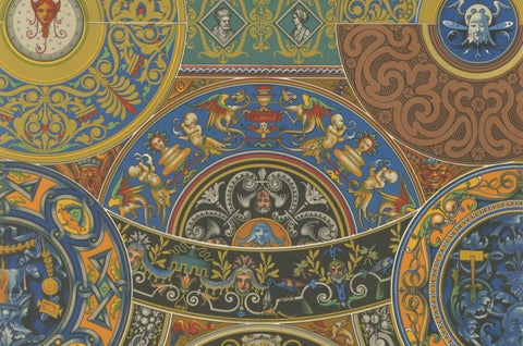 Renaissance Ceiling Ornament, Antique Decorative Print, Plate LIX, 1869, close-up 2