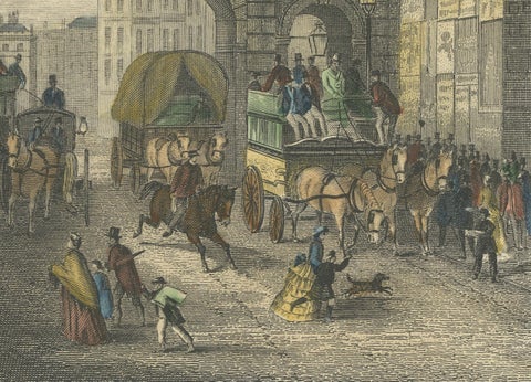 1829 Etching of Temple Bar in Bustling Regency London, close-up 4