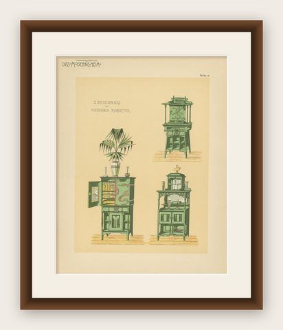 Pl. 14 Antique Print of Decorative Cabinets by Kramer 'circa 1910', shown framed