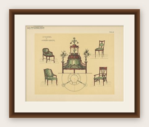 Pl. 58 Antique Print of Seating Furniture by Kramer, circa 1910, shown framed