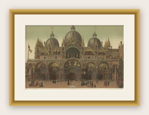 Large Antique Print of the Main Facade of the Basilica of San Marco, 1881, shown framed