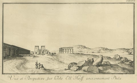 Temple of Philae on the Nile, Antique Egypt Ruins Engraving by Norden, c.1755, close-up 6