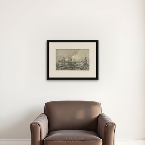 Old Print of the International Exhibition Building in Sydney, Australia, 1879, shown framed on a wall, true to size