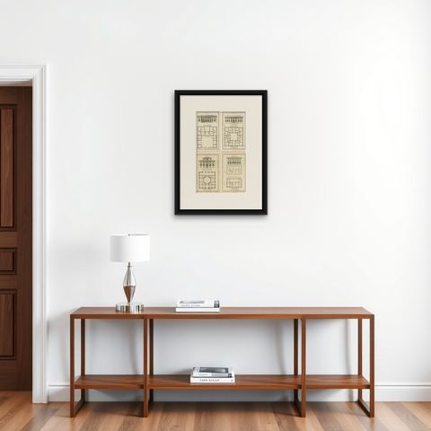 Set of Four Antique Archicture Prints of Various Building Plans and Facades, shown framed on a wall, true to size