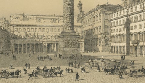 Piazza Colonna and Column of Marcus Aurelius, Rome, Benoist 1869 Lithograph, close-up 3