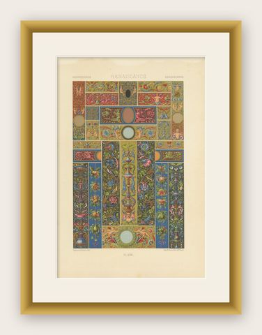 Pl. 57 Antique Print of Renaissance Ornaments by Racinet, circa 1890, shown framed