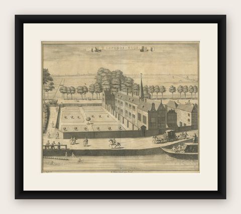Antique Print of the Leper's House in The Hague, The Netherlands, shown framed