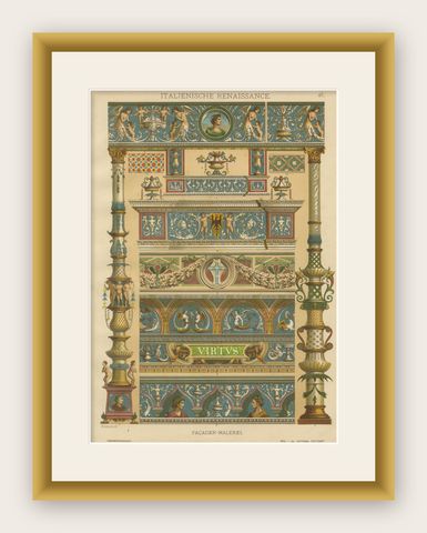 Italian Renaissance Architectural Frieze Print with Virtus Motto, 19th Century, shown framed