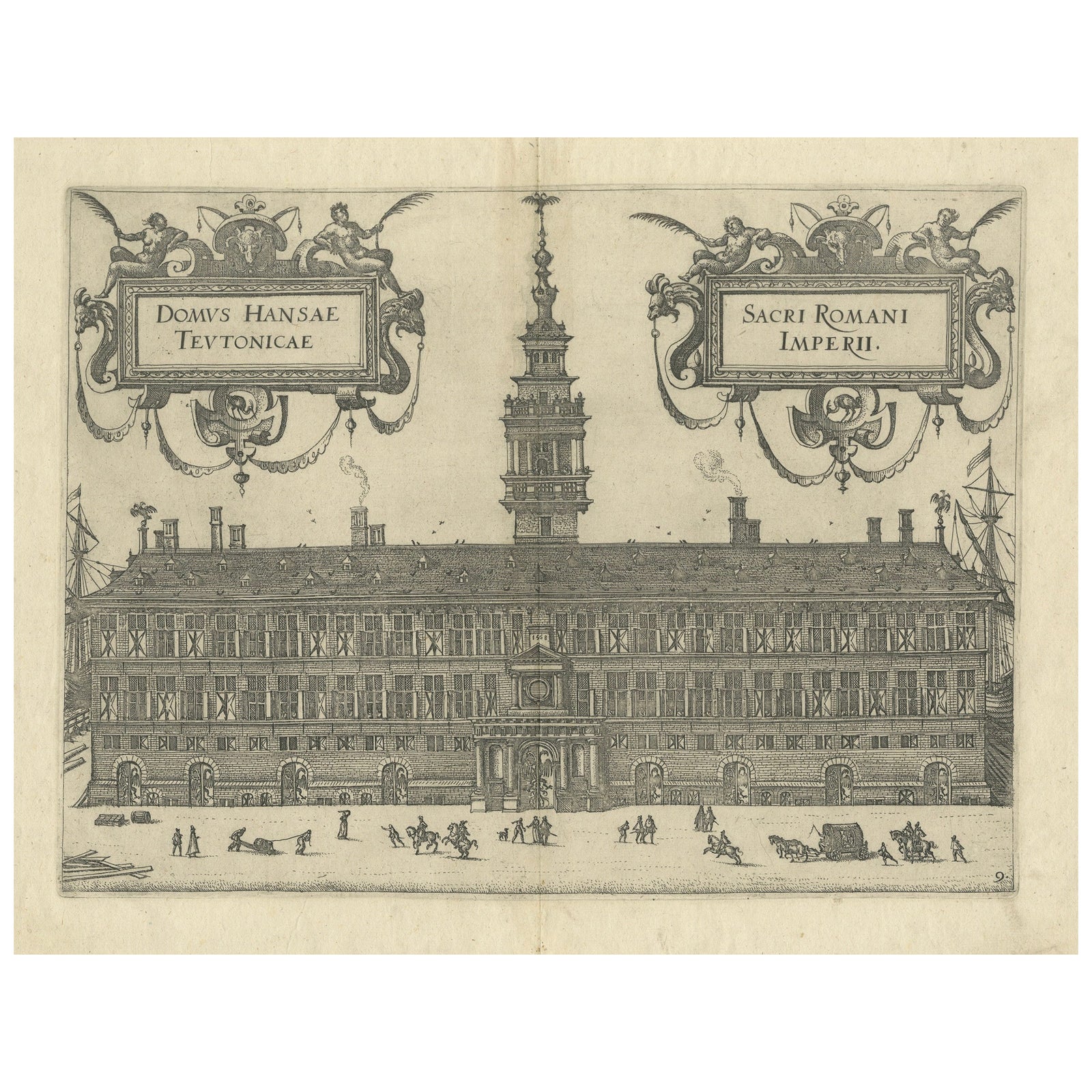 Rare 1582 Copper Engraving of Hanseatic House, Antwerp by Guicciardini
