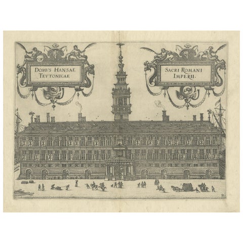 Rare 1582 Copper Engraving of Hanseatic House, Antwerp by Guicciardini