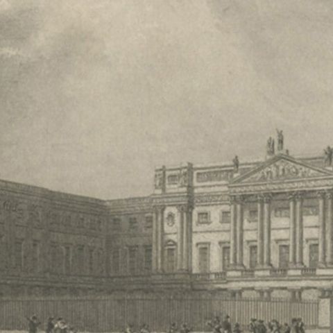 Antique Steel Engraving of Buckingham Palace in London, United Kingdom, ca.1840, close-up 1