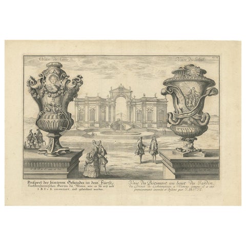 Antique Print of Two Vases and a Building in Vienna by Fischer von Erlach, 1725
