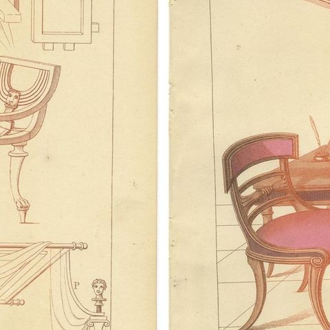 Set of 2 Antique Prints of Furniture Designs by Sheraton '1805', close-up 2