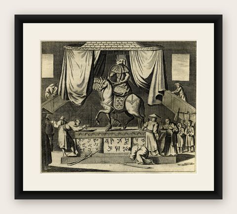 Antique View of the Temple of Amidain Edo 'Tokyo' and the 7-Headed Horse, 1669, shown framed