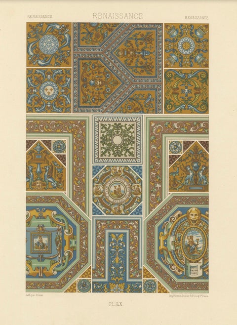 Renaissance Ceiling Designs, Antique Architectural Print, Plate LX, 1869, close-up 6