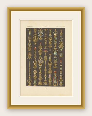Pl. 64 Antique Print of XVIth Century Ornaments by Racinet (c.1890), shown framed